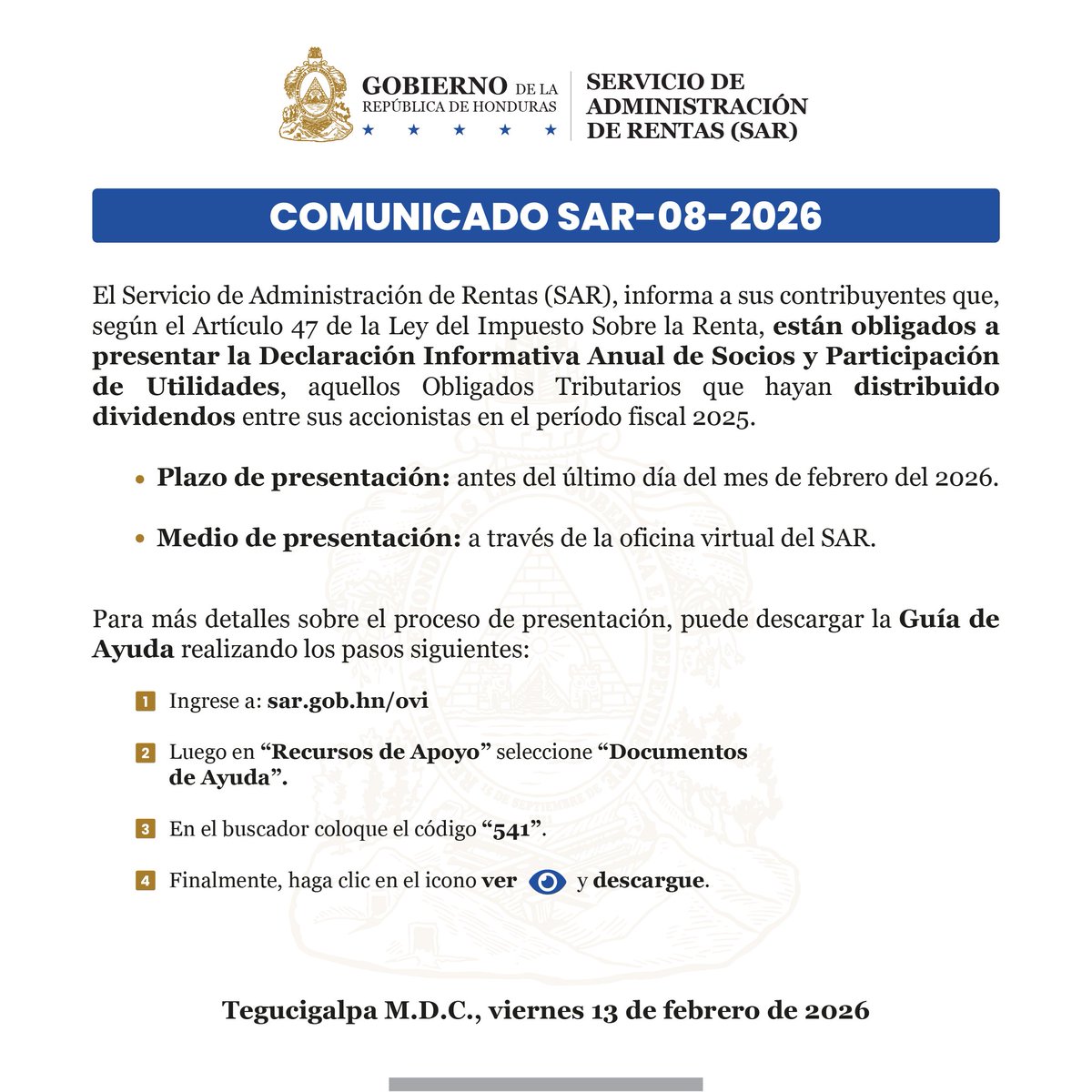 SARHonduras's tweet photo. 🚨#SARInforma | Importante comunicado referente a la Declaración Informativa Anual de Socios y Participación de Utilidades. https://t.co/GI7049BVtX