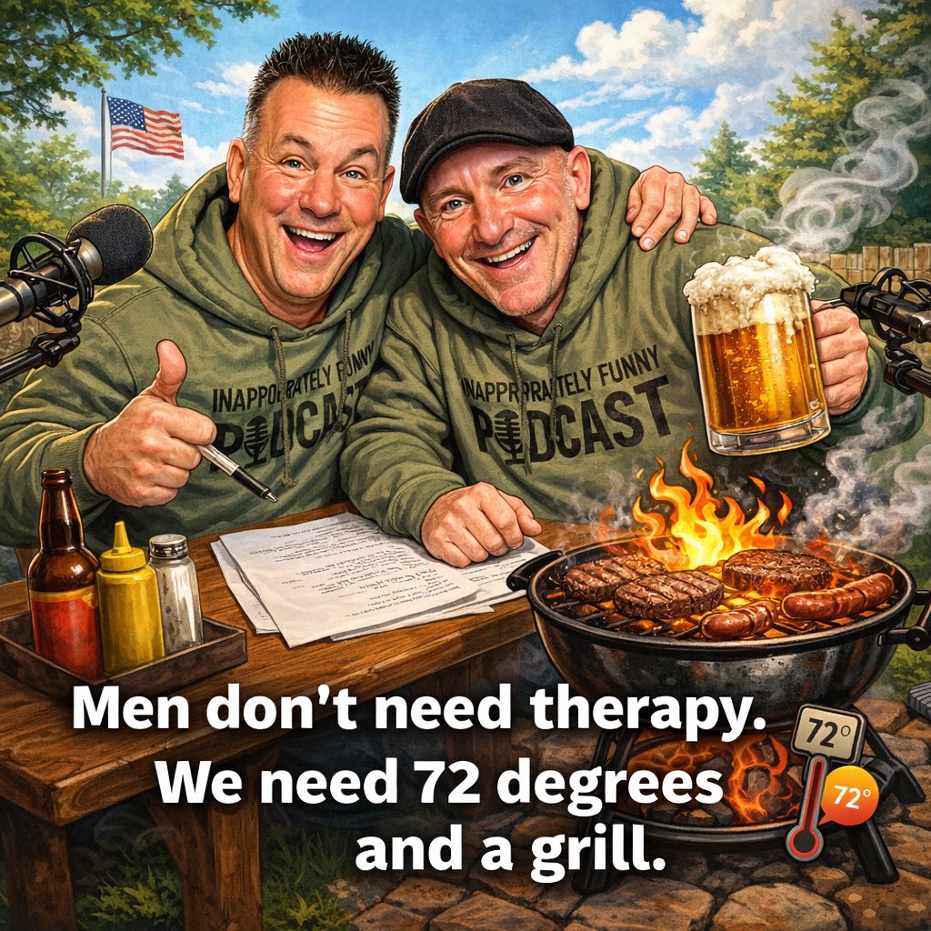 InapFunny_Pod's tweet photo. Men don’t need therapy.
We need 72°, a cold beer, and something sizzling on the grill.

Sun out. Stress gone. Mic on. 🎙🔥🍺

#InappropriatelyFunny #PodcastLife #GrillSeason #72Degrees #MenBeingMen #WeekendVibes #BBQLife https://t.co/r6kqYAxJAy
