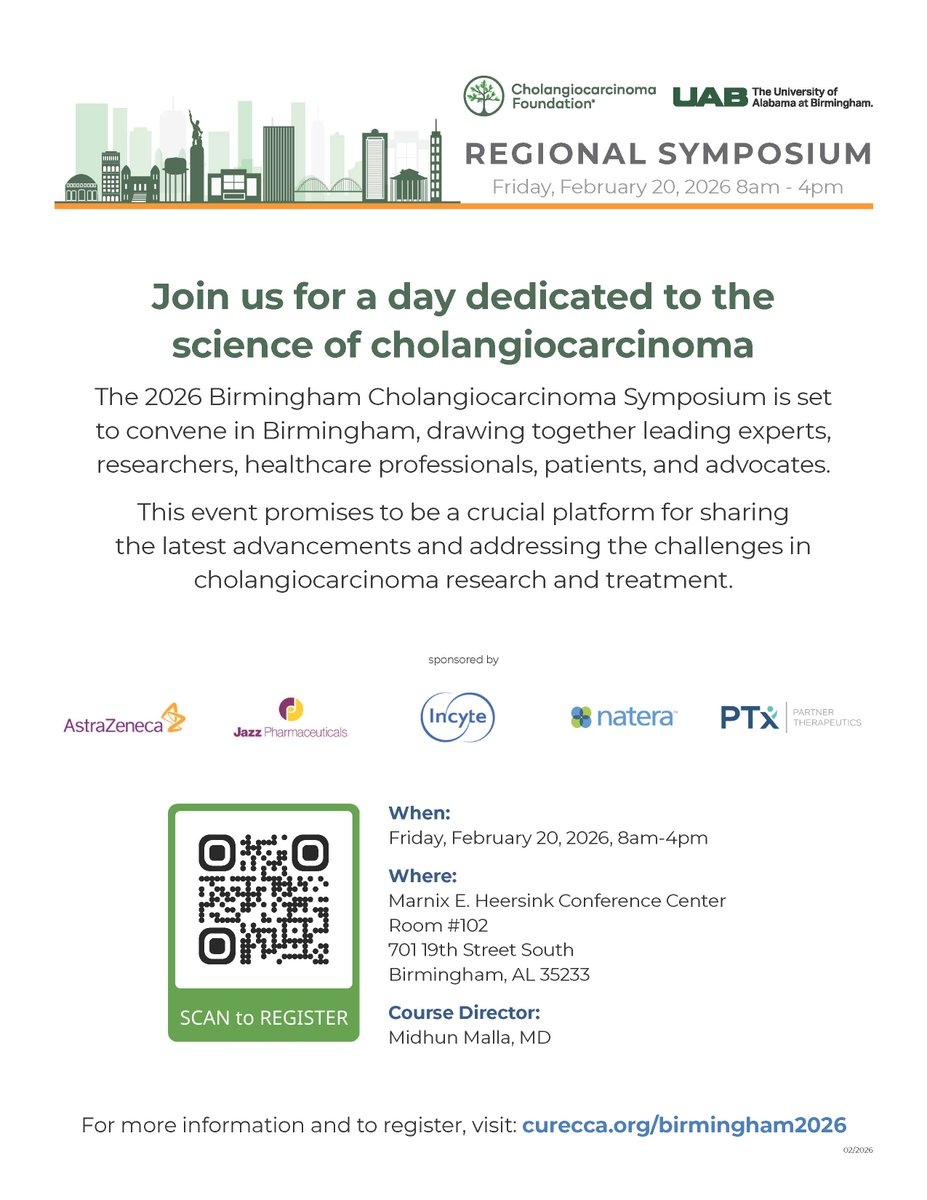 staclinds's tweet photo. Looking forward to next week’s 2026 Birmingham Cholangiocarcinoma Symposium led by Dr. Midhun Malla @uabmedicine. Experts, clinicians, patients &amp; will come together at #UAB to share progress and advance care. Join us: https://t.co/jWOAN2yqpg

#BhamAL #cholangiocarcinoma https://t.co/yszzNgjSDf