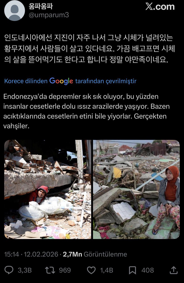 sırf iki zorbalandılar diye endonezyadaki insanların deprem yüzünden harabelerde yaşayıp ölülerin etini yediğini söyleyecek kadar ırkçı ve pisler, kendi ülkelerindeki insanlar zorbalanmaktan intihar etmesin diye bütün dünya bir oluyorken çok iddialı konuşuyorlar