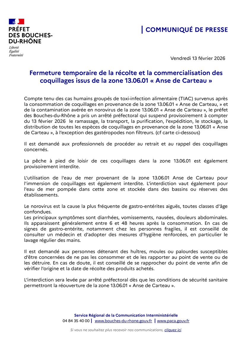Image de Préfet de la région Provence-Alpes-Côte d'Azur : 🔴 Fermeture temporaire de la récolte et la commercialisation des coquillages issus de la zone 13.06