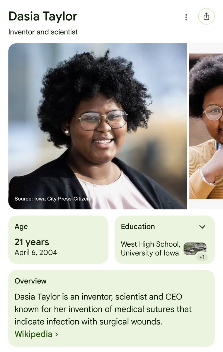 her name is DASIA TAYLOR, not “this high schooler”. how hard is it to say “dasia taylor, a young high school student, invented color-changing sutures that detect infection”????