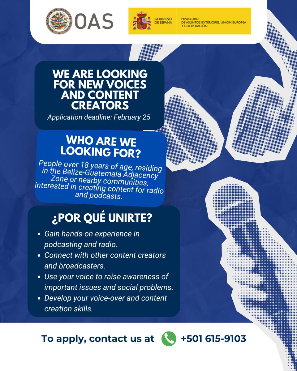 🎧 Are you passionate about storytelling, radio, and social impact? Become part of Podcast La Zona | The Zone and use your voice to inspire change in communities of the Belize–Guatemala Adjacency Zone.
Supported by the Government of Spain 🇪🇸 and implemented by <a href="/OAS_official/">OAS</a>.