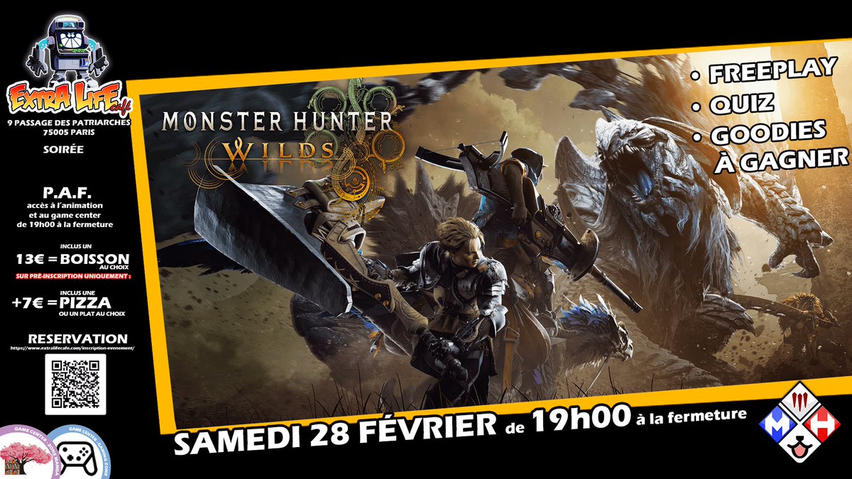 MHPassionU's tweet photo. Nous avons le plaisir de vous annoncer un rassemblement #MonsterHunter  sur Paris à @ExtraLifeCafe pour fêter l'anniversaire de #MonsterHunterWilds🎂

- Samedi 28/02 de 19h à 23h🥳

Tout le long de la soirée notre staff proposera au moins 5 animations avec des goodies à gagner (: https://t.co/OXdKpadeJC