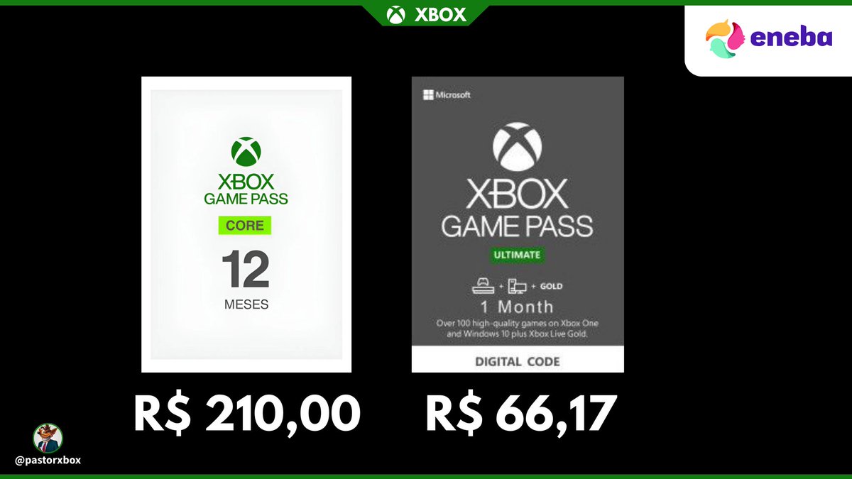 Assinaturas no Eneba - Região do Brasil 🇧🇷

✅ Game Pass Core/Essential 12 Meses - R$ 210,00
eneba.com/br/xbox-xbox-g…
 
✅ Game Pass Ultimate 1 Mês - R$ 66,17
eneba.com/br/xbox-xbox-g…

🚨 Resgate direto sem precisar de VPN 
#Xbox 
#XboxGamePass #Eneba