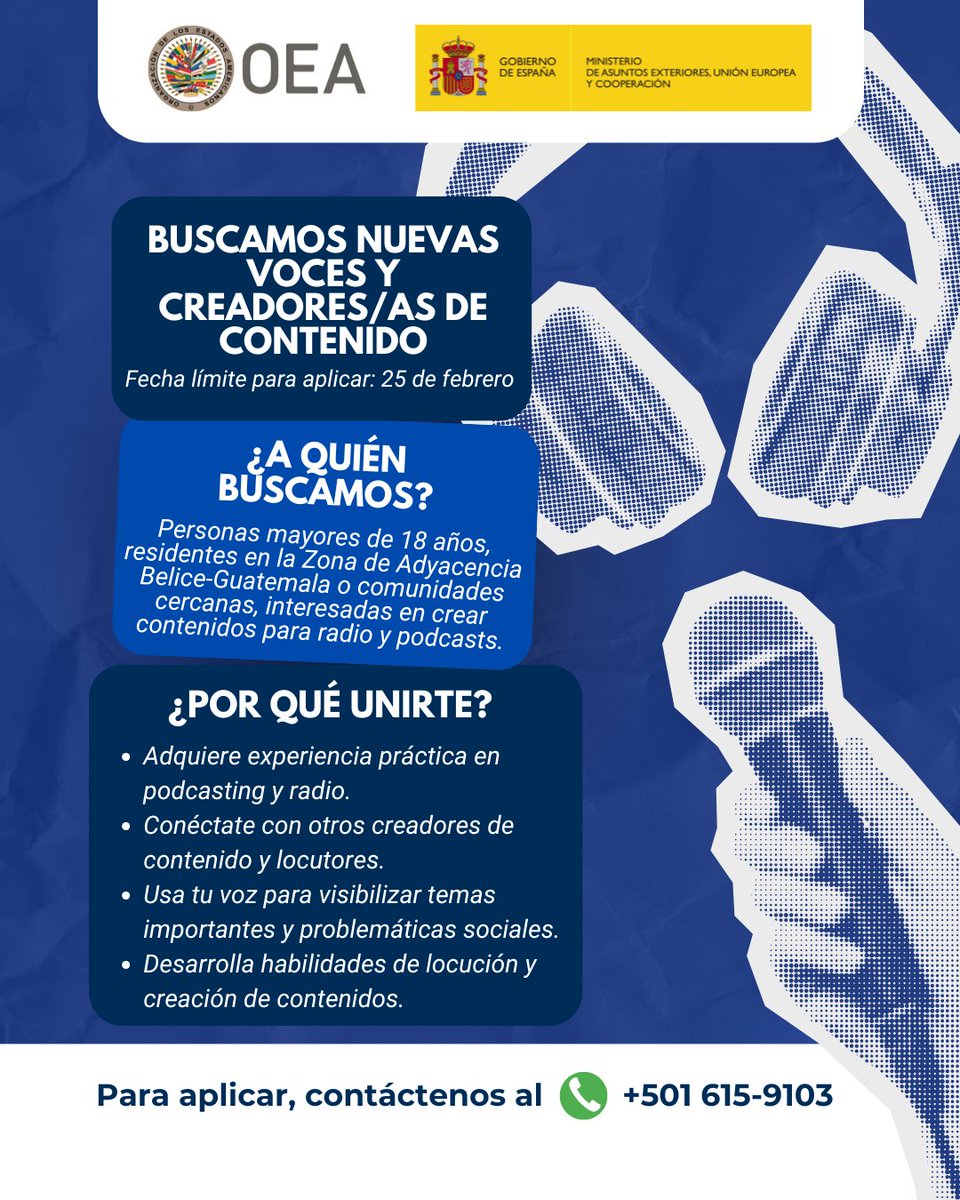 🎧 ¿Te apasionan la radio, la comunicación y el impacto social? Sé parte de Podcast La Zona | The Zone y usa tu voz para inspirar cambios positivos en comunidades de la Zona de Adyacencia Belice–Guatemala.
Con el apoyo del Gobierno de España 🇪🇸 e implementado por la <a href="/OEA_oficial/">OEA</a>.