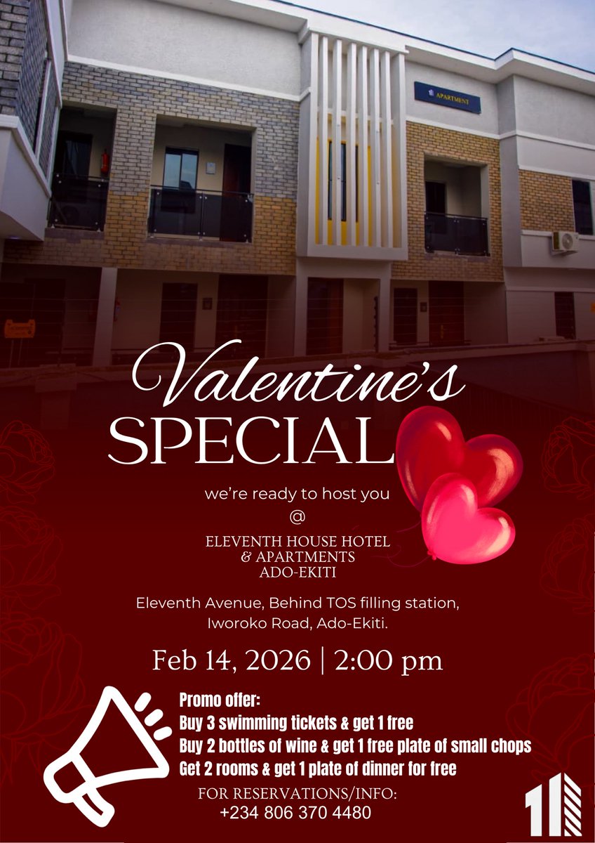 _eleventhhouse's tweet photo. VALENTINE’S DAY IS HERE! ❤️🤩 

Be sure you and your Val are part of our VALENTINE SPECIAL programme in Ado-Ekiti, Akure, and Ibadan.

Promises to be nothing but lit🔥 

📞 Bookings/reservations:

Ibadan: 09036031152
Ado-Ekiti: 08063704480
Akure: 07065974265

 #valentine2026 https://t.co/dfM9oT5mJN