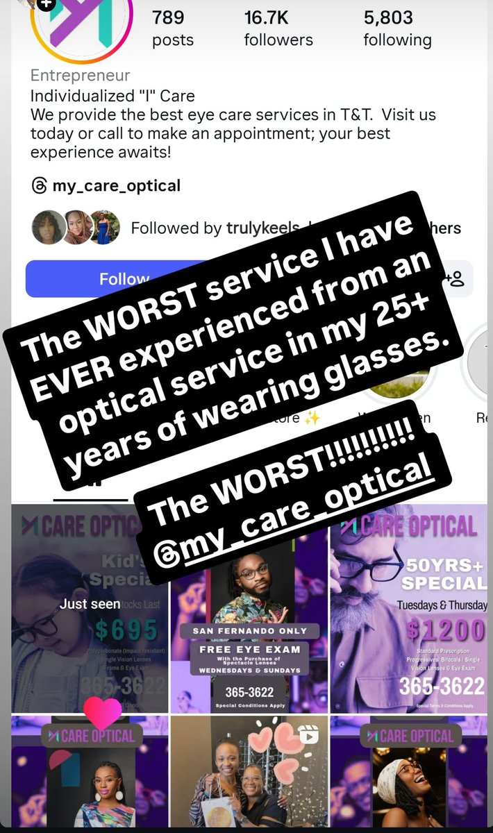 jamishqween's tweet photo. DO NOT go to My Care Optical!!
Better you can't see your way or break 2 coca cola bottles and hold up by your eyes!!
Quick to take your $$! Slow to get your your glasses!! Slower to respond to msgs asking for updates... Not answering calls at all!
#TriniTwitter #Signalboost📢 https://t.co/a3fqJcQabD