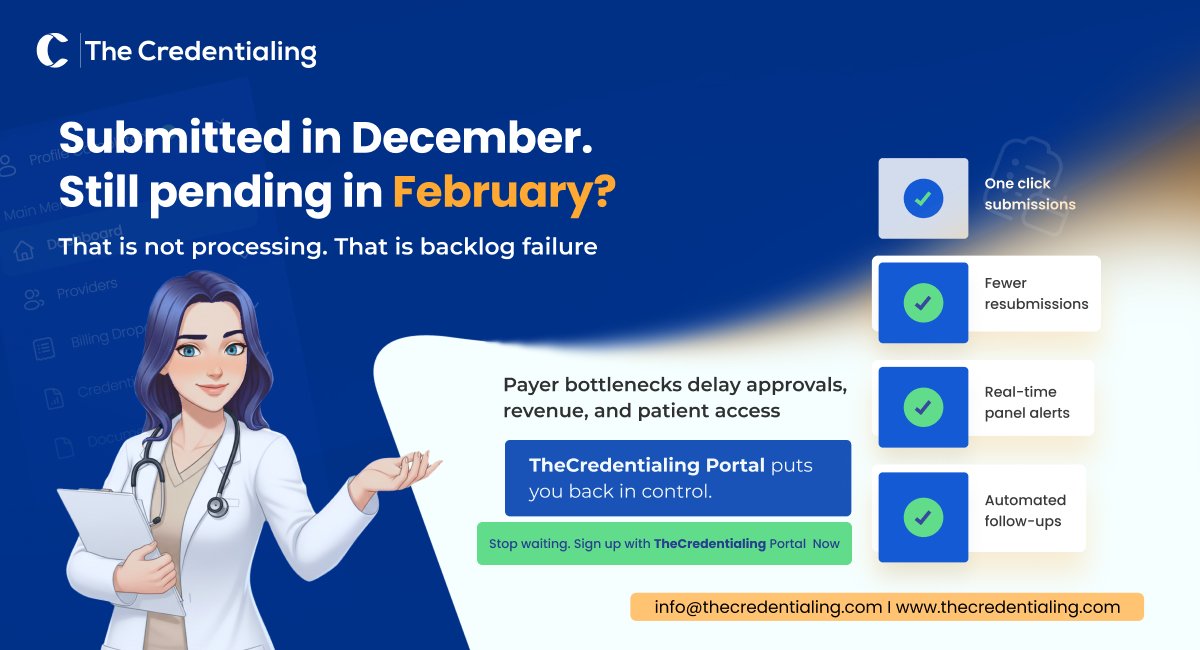 thecredential1's tweet photo. Submitted in December. Still pending in February? You’re not alone.
Early-year payer backlogs delay approvals, reset applications & slow revenue.
Take control with #TheCredentialing Portal: #automatedworkflows, real-time tracking & #HIPAAcompliant enrollment management. https://t.co/MvseOUO3Yq