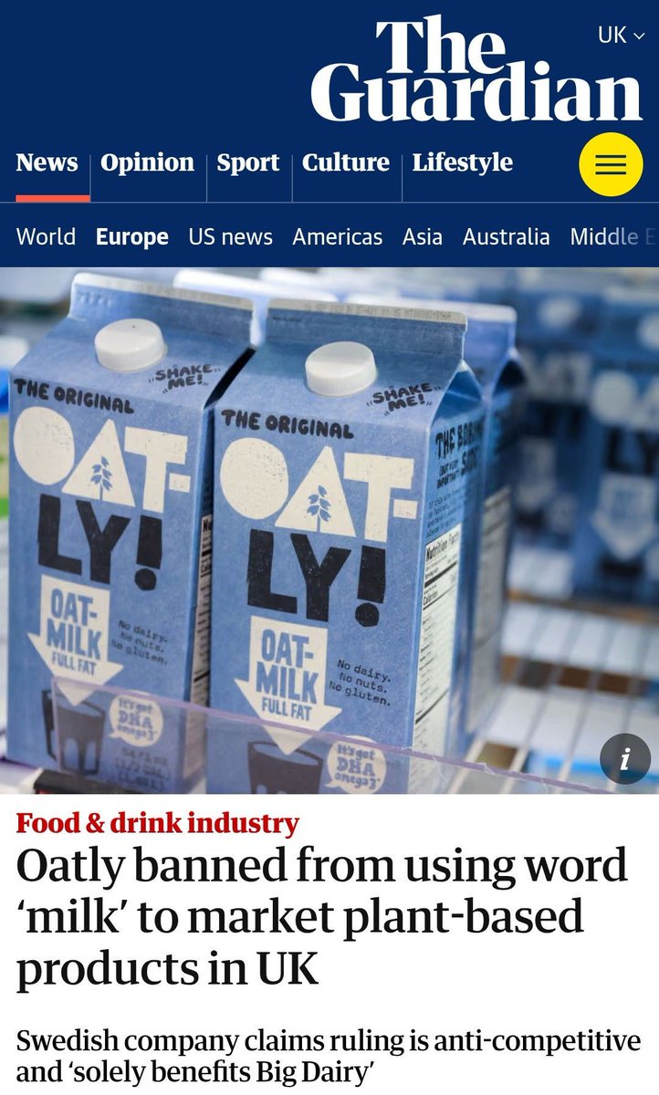 The_Vegan_Daily's tweet photo. If plant milks can't be called "milk", how is animal slaughter allowed to be called "humane"? 🤔 https://t.co/DhrPC10F6H