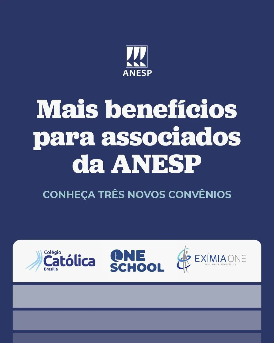 A ANESP ampliou sua carteira de convênios - que oferece condições especiais para associados/as e seus dependentes - com a inclusão de três novas instituições: Colégio Católica de Brasília, One School e Exímia One – Seguros e Benefícios. Saiba mais: tinyurl.com/NovosConv