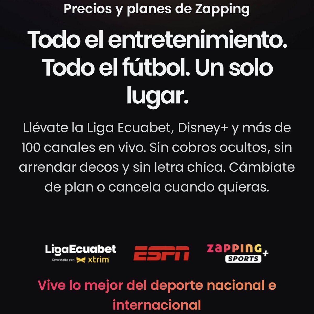 Rarosemena11's tweet photo. Estos son los nuevos planes de @zapping_ecu.

Plan Pro: @LigaEcuabetec, 11,90 (IVA incluido).

Plan Plus: LigaPro + Disney+ Premium (todo ESPN), $19,90 (IVA incluido).

Plan Premium: LigaPro + Disney+ Premium + 100 canales de entretenimiento, $28,90 (IVA incluido). https://t.co/f6Ldg3msaH