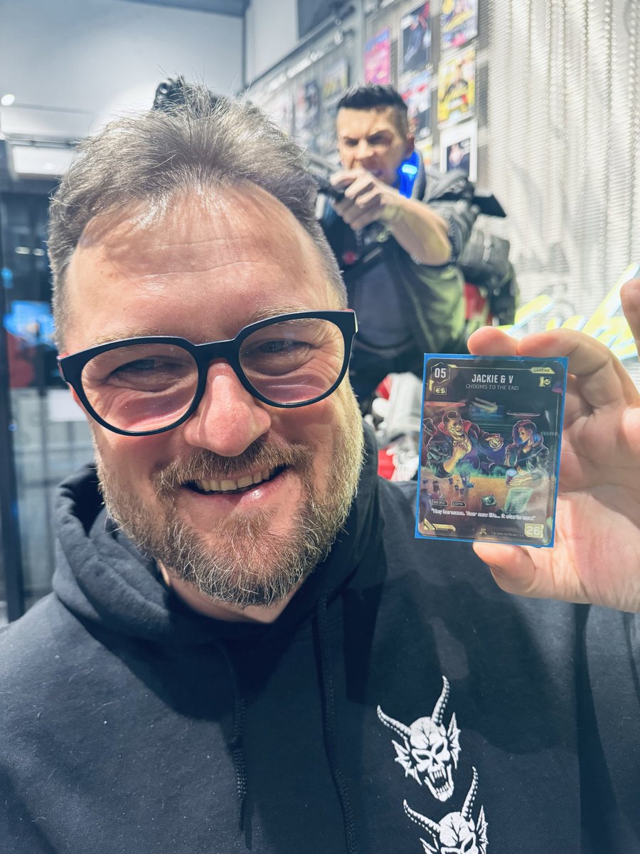 Happy event manager is happy at <a href="/CDPROJEKTRED/">CD PROJEKT RED</a> Social Friday!

We even had our very own internal Cyberpunk TCG tournament. On top of that <a href="/Cyberpunk_TCG/">Cyberpunk Trading Card Game</a> gave all the REDs a very special card. I need a proper display for this one. 

Can't wait for the campaign and the launch!