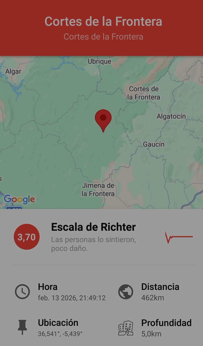 EnsancheMeteo's tweet photo. Ocurrió un terremoto 3.7 cerca de Cortes de la Frontera..
Day 13 febrero
⌚21:52 𝚑.
#terremoto #earthquake #tremblement #terramoto #QuakeSpain https://t.co/meKeAQhRXr