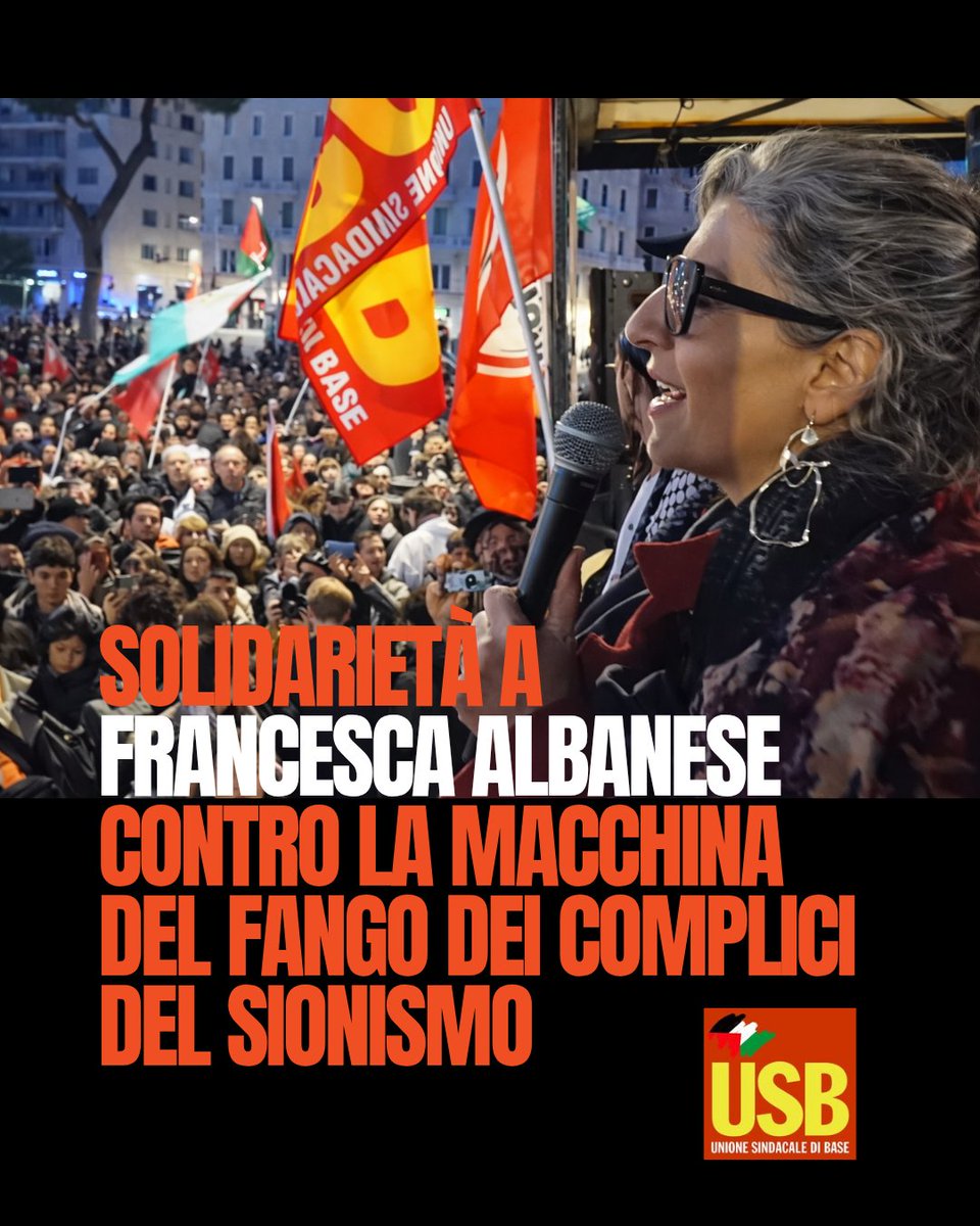 USB esprime piena solidarietà a #FrancescaAlbanese, contro la macchina del fango dei complici del Sionismo. Difendere il suo operato significa difendere il diritto di denunciare senza condizionamenti il genocidio del Popolo palestinese.

<a href="/FranceskAlbs/">Francesca Albanese, UN Special Rapporteur oPt</a>