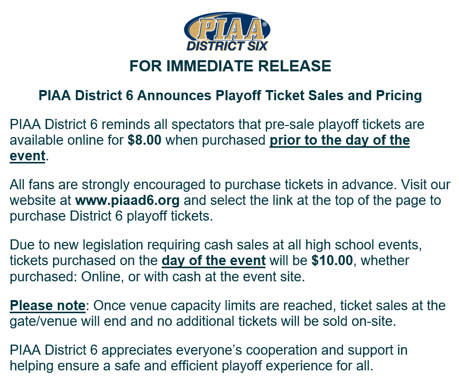 CH_Highlanders's tweet photo. Please see the attached press release from PIAA District 6 with their updated ticket sales &amp; pricing policy for playoff games. https://t.co/opxS45MY5z