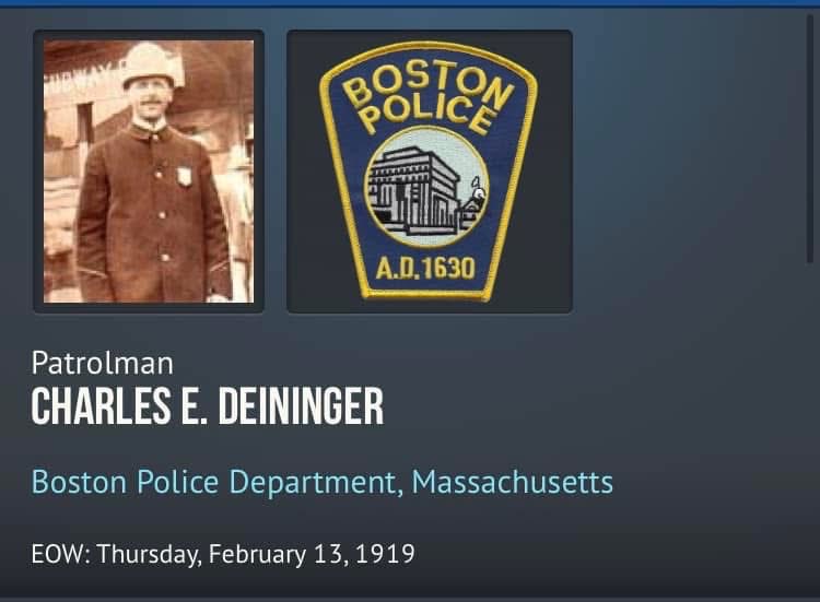 police_boston's tweet photo. The Boston Police Detectives Benevolent Society remembers the ultimate sacrifice of Patrolman Charles E. Deininger who was shot and killed in the line of duty 107 years ago today. Continue to rest in peace, Sir. https://t.co/pcBhHs2ZKM