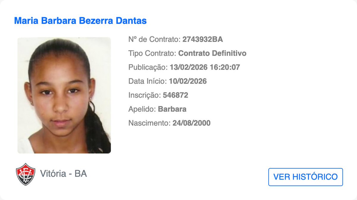 bidDoVitoria's tweet photo. ✍️ Jogador publicado no BID: Barbara
    
📅 Publicado em: 13/02/2026 16:20:07

📝 Tipo de contrato: Contrato Definitivo

🔚 Data de término do contrato: 30/11/2026

#Barbara #BID #ECVitoria https://t.co/wsNz2obtdi