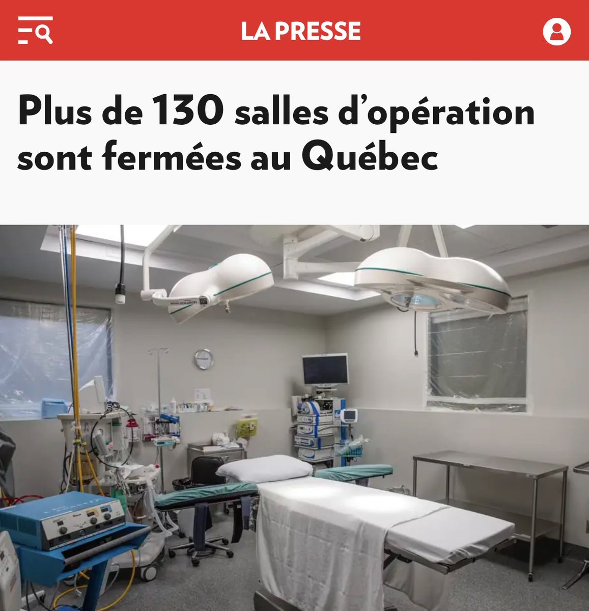Sur les 560 salles d’opérations disponibles au Québec, plus de 130 sont fermées!

Les autres sont sous utilisées parce qu’elles sont gérées par des fonctionnaires incompétents!

Rappelez-moi pourquoi on paie pour ce système pourrit et surtout, POURQUOI les politiciens du Parti