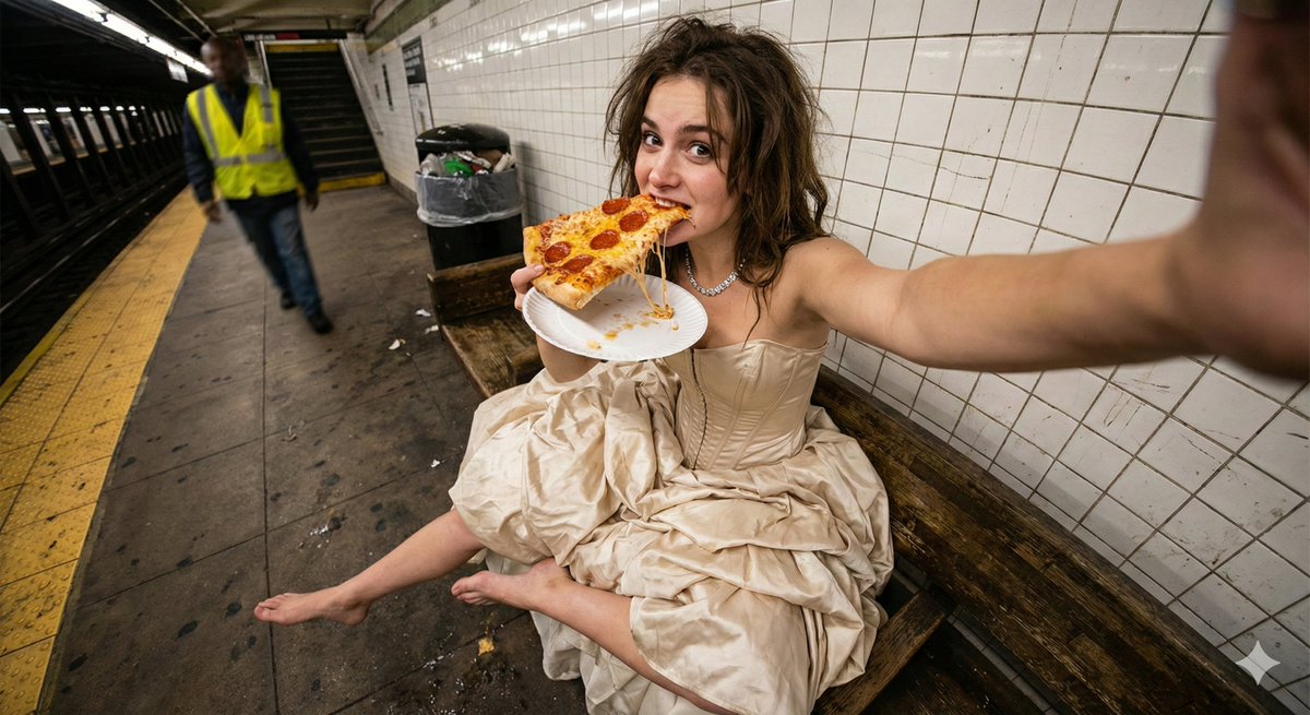 {
  "subject": {
    "description": "Young woman in a ballgown sitting on a subway platform bench eating a greasy slice of pizza, looking directly at camera (selfie arm extended)",
    "mirror_rules": "front-facing camera (no mirror), high angle looking down at herself",