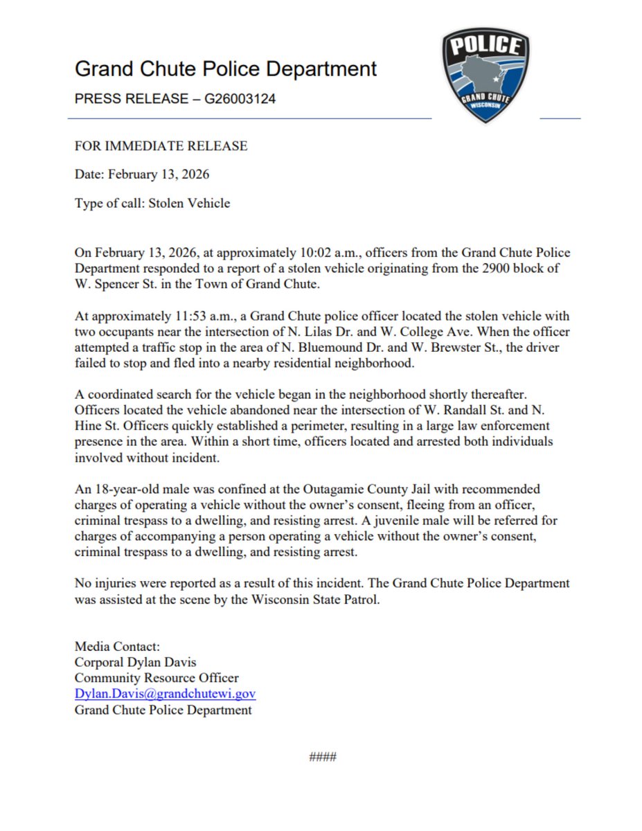 Grand Chute Police Department tweet media