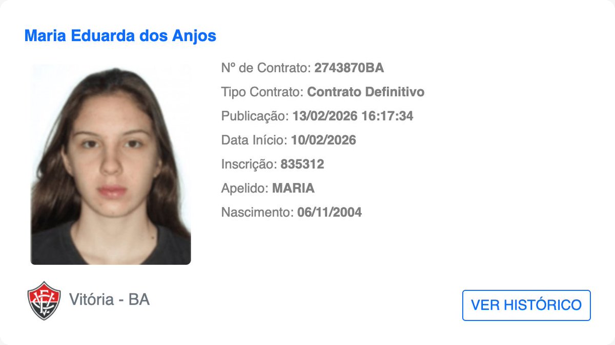 bidDoVitoria's tweet photo. ✍️ Jogador publicado no BID: MARIA
    
📅 Publicado em: 13/02/2026 16:17:34

📝 Tipo de contrato: Contrato Definitivo

🔚 Data de término do contrato: 30/11/2026

#MARIA #BID #ECVitoria https://t.co/tI533jDWsd