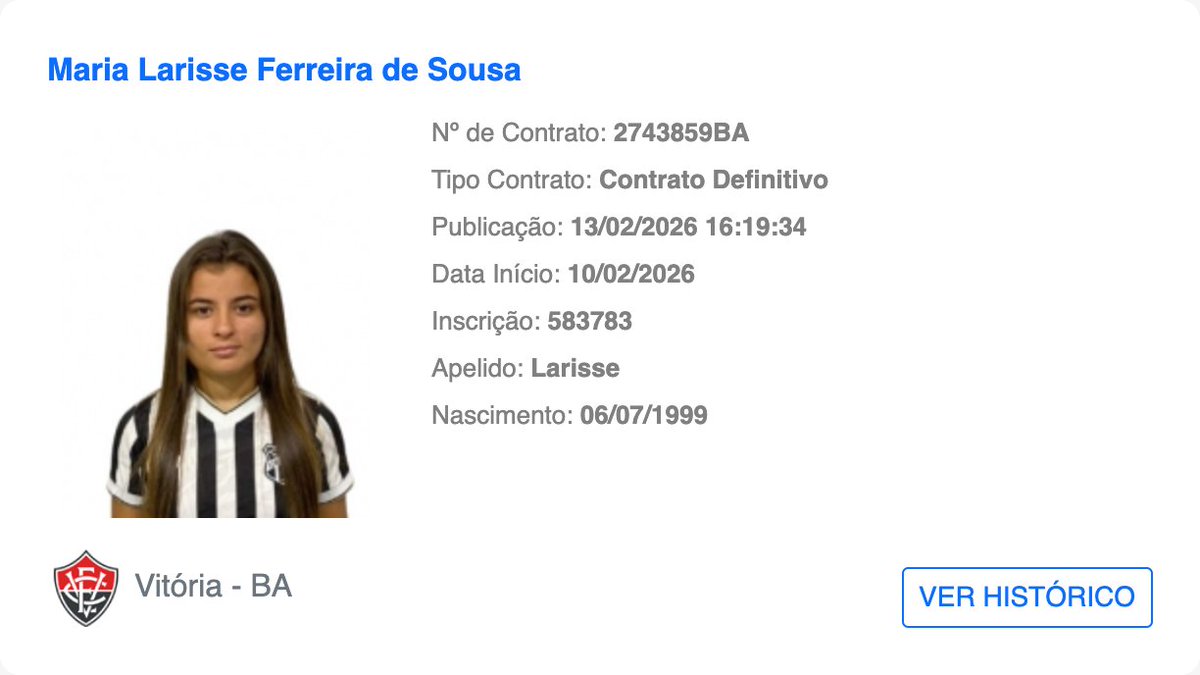 bidDoVitoria's tweet photo. ✍️ Jogador publicado no BID: Larisse
    
📅 Publicado em: 13/02/2026 16:19:34

📝 Tipo de contrato: Contrato Definitivo

🔚 Data de término do contrato: 30/11/2026

#Larisse #BID #ECVitoria https://t.co/NO2FNrVJ4g