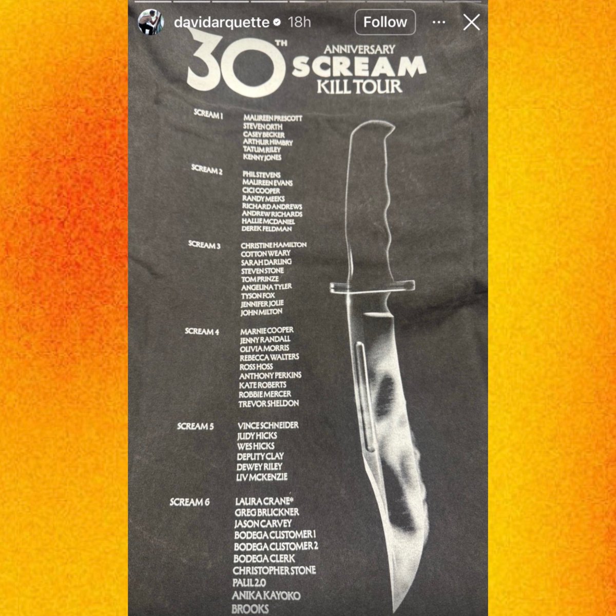 Drew Barrymore, Sarah Michelle Gellar &amp; David Arquette share 30th anniversary “Scream Kill Tour” t-shirts ahead of #Scream7.

The shirt showcases all of Ghostface’s kills in each film of the franchise.