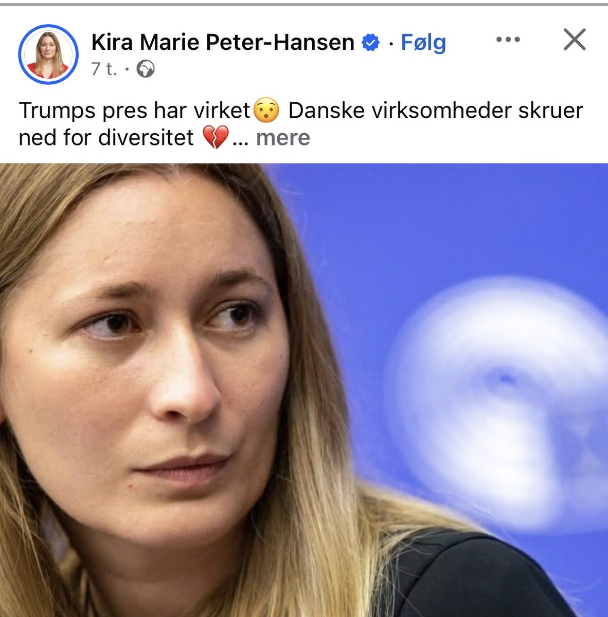 Når danske virksomheder skruer ned for diskriminerende, anti-meritokratiske og administrativt omkostningstunge DEI-politikker, skyldes det ifølge <a href="/Kira_MPH/">Kira M. Peter-Hansen</a> alene “Trump pres”.

Mon ikke det snarere skyldes et skifte i tidsånden; at virksomhederne ikke længere føler sig presset