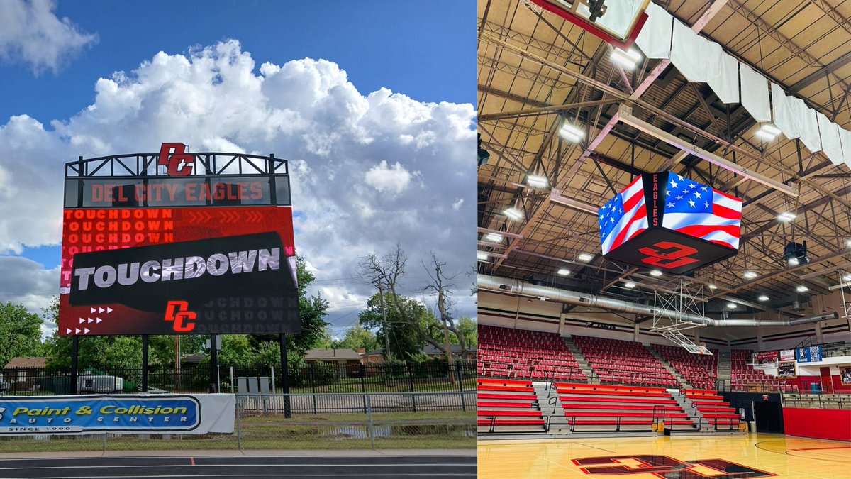 NevcoSports's tweet photo. From kickoff to buzzer, Mid-Del shines! ⚡ Six new digital displays: (3) 10mm outdoor and (3)  3.9mm 4-sided indoor, spanning across @CAHSTitans, @MCHSHomeBombers &amp; @DelCityEagles. Game day energy is off the charts! 🔥#NevcoBuilt  #HighSchoolSports https://t.co/pFNzeGPrHy
