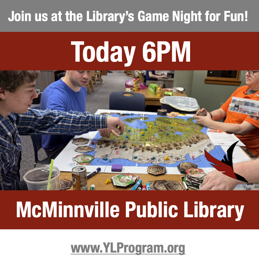 YLprogramDOTorg's tweet photo. We are excited to be back at Game Night tonight at 6PM at McMinnville Public Library!  See you there! https://t.co/RZTf16b4R3