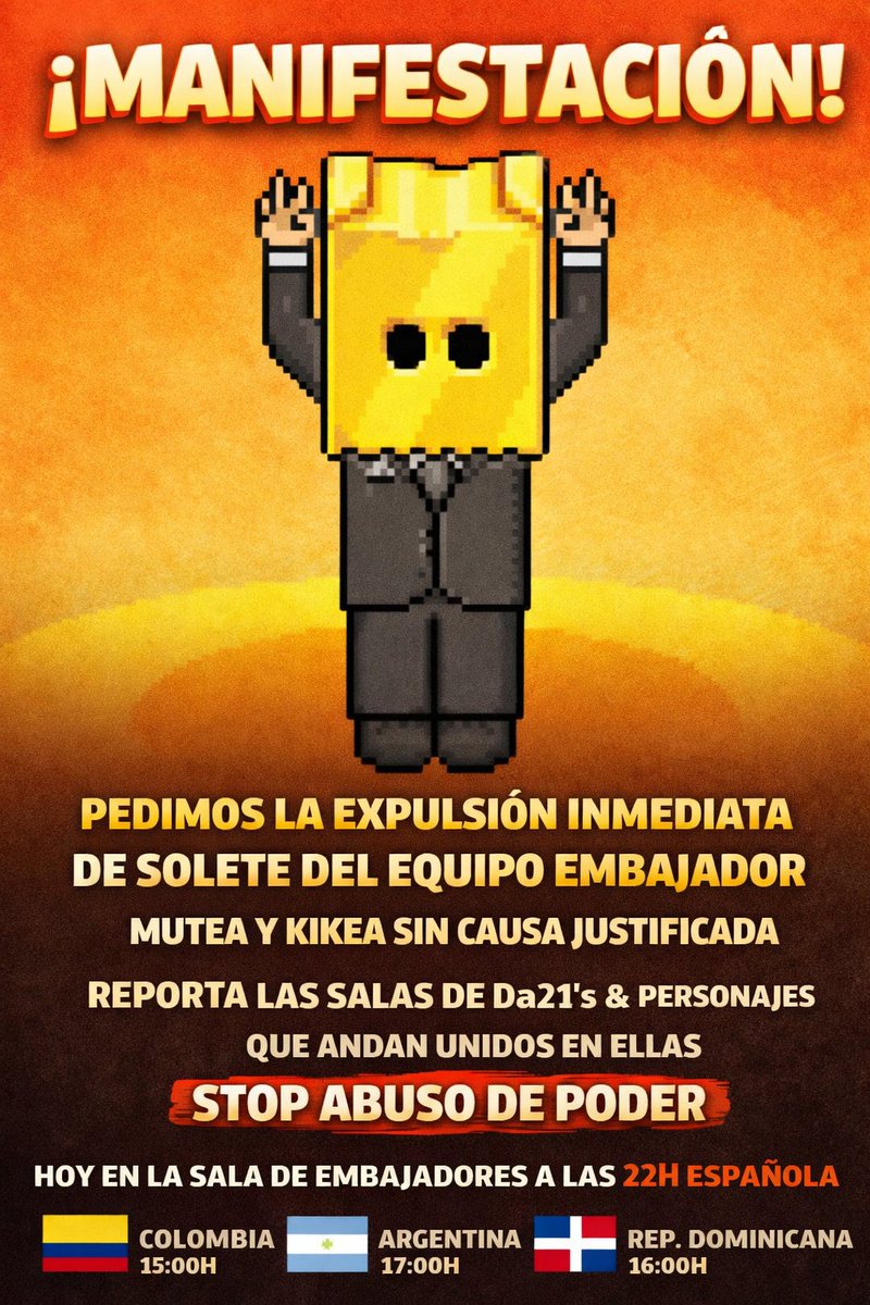 ¡MANIFESTACIÓN EN HABBO!

✓ Lunes 16 de febrero, 22h 🇪🇸
✓ Martes 17 de Febrero, 22h 🇪🇸
✓ Miércoles 18 de Febrero, 22h 🇪🇸
✓ Jueves 19 de Febrero, 22h 🇪🇸 
✓ Viernes 20 de Febrero, 22h 🇪🇸
✓ Sábado 21 de Febrero, 22h 🇪🇸
✓ Domingo 22 de Febrero, 22h 🇪🇸 

¡STOP ABUSO DEL PODER!