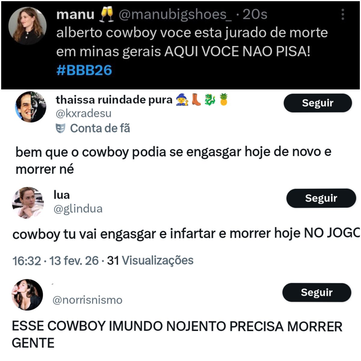 ☠️ Quando eu vejo isso, eu sei que estou torcendo para o lado CERTO do BBB.

Quando páginas como a CHOQUEI postam SEMPRE com viés de torcida para a Ana Paula Renault e seus asseclas…

E no MESMO INSTANTE fazem uma mulher parecer culpada por uma “suposta traição” e que por isso