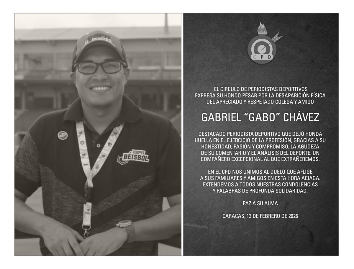 CPDVenezuela's tweet photo. Queremos también expresar nuestro dolor por la partida física de Gabriel "Gabo" Chávez, acaecida días atrás. Un profesional ejemplar, gran amigo y compañero. Otra pérdida irreparable para el periodismo deportivo venezolano. Abrazo sentido a sus familiares y amigos Q.E.P.D. 🙏 https://t.co/1VxF1r1Lqd