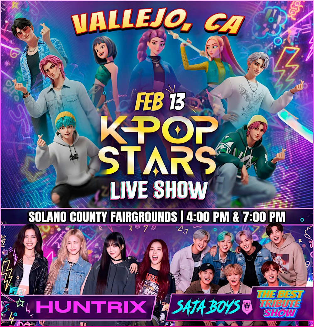 🎤 K-Pop fans! It’s happening TODAY in Vallejo!
The K-Pop Stars Live Show hits the stage at the Solano County Fairgrounds with shows at 4 PM &amp; 7 PM.
Tributes by Huntrix &amp; Sata Boys + nonstop K-pop energy.
Grab your crew and don’t miss it! 💜🔥
