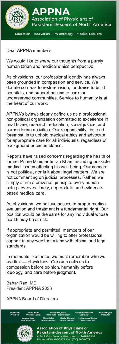 Thank you, APPNA and Dr. Babar Rao, for your statement about Imran Khan’s health issues and treatment.