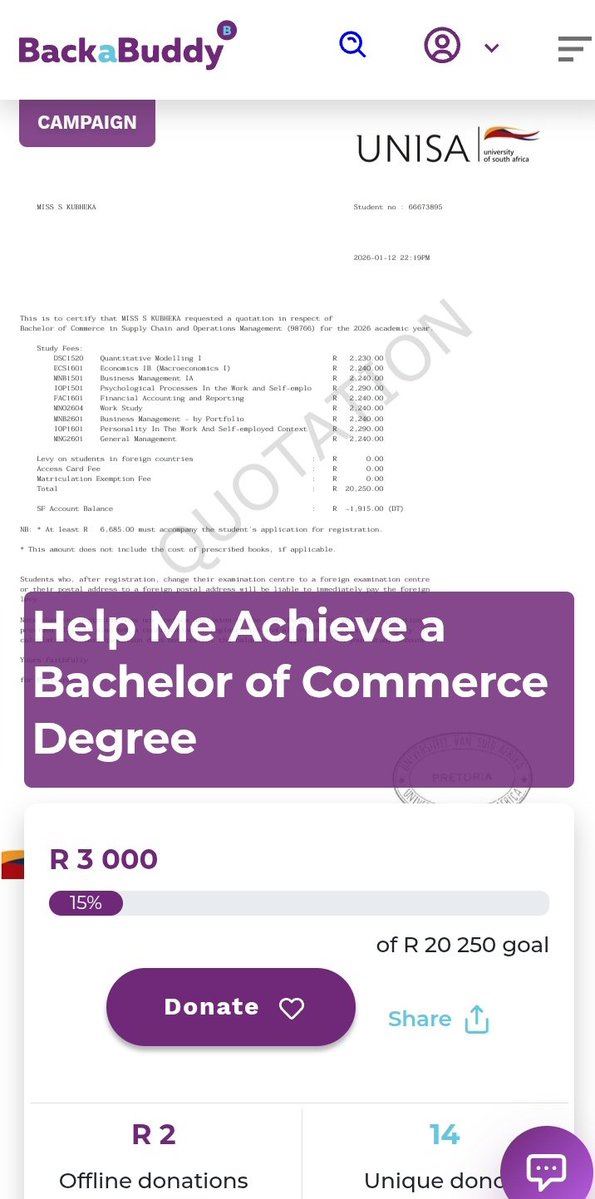 Sebe_Kubheka's tweet image. We’ve passed the R3000 mark 💃🏽🙌🏽

Thank you so much to everyone who has taken the time to donate to my campaign.

I’m truly grateful for every contribution🤍 A R10 goes a long way 🥺

Please continue sharing my campaign my donor might be on your TL🙏🏽
backabuddy.co.za/campaign/help-…
