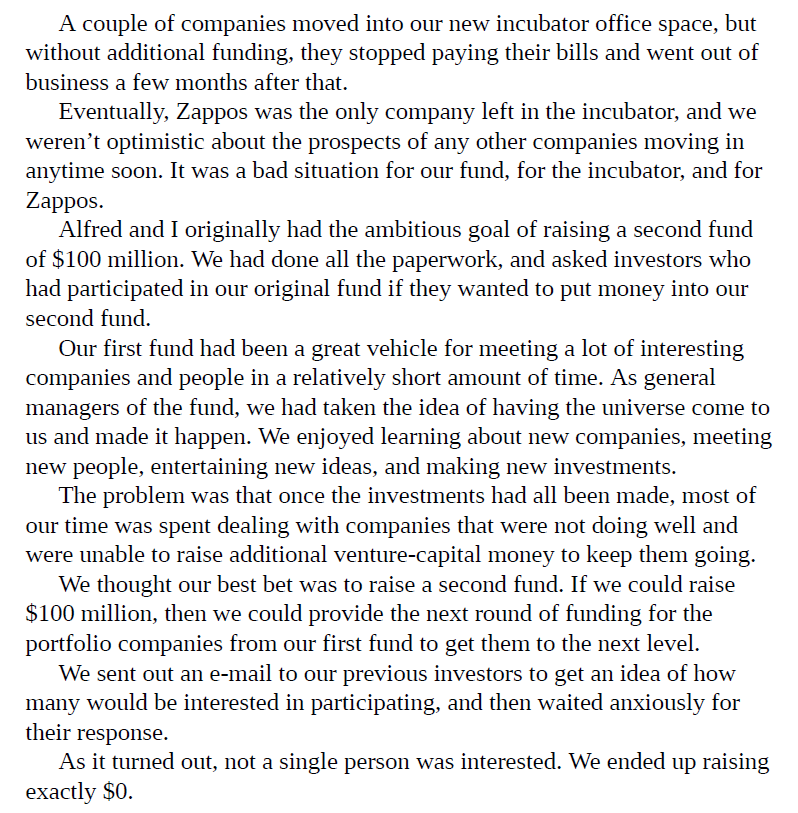 Any time I meet a VC, especially an emerging manager, I think about this passage by Tony Hsieh reflecting on Venture Frogs (his fund with Sequoia's Alfred Lin)