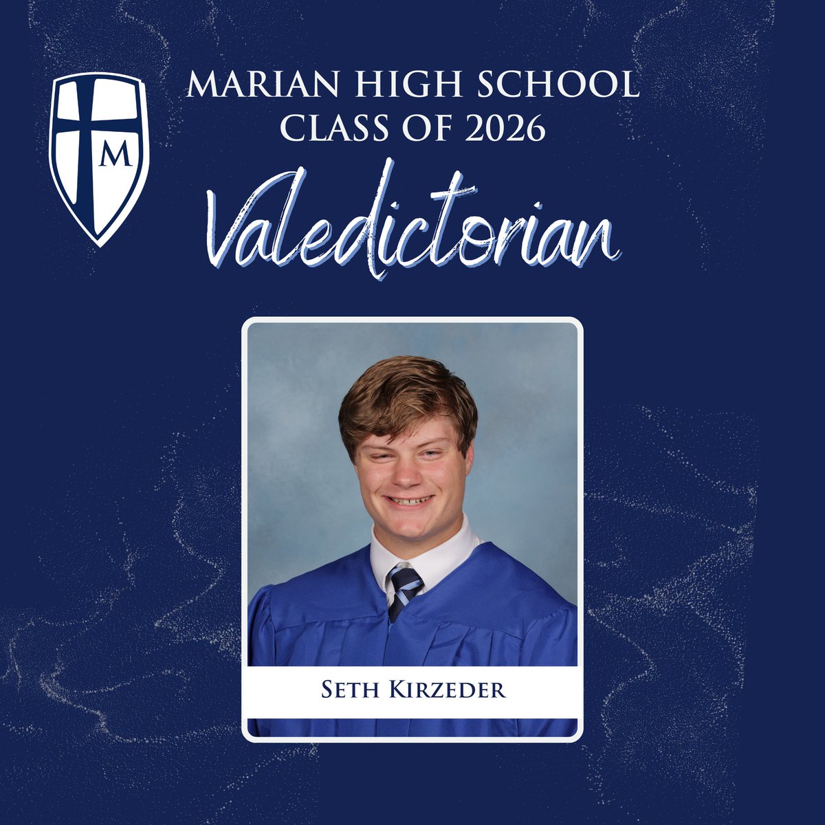 MarianHSKnights's tweet photo. Marian's Class of 2026 Valedictorian and Salutatorians were announced Wednesday at our All School Mass with Bishop Rhoades.

The Valedictorian is Seth Kirzeder and the Salutatorians are John Loesch and Theresa Reynolds.

Congratulations Seth, John, and Theresa!

#Classof2026 https://t.co/do0DDRi073
