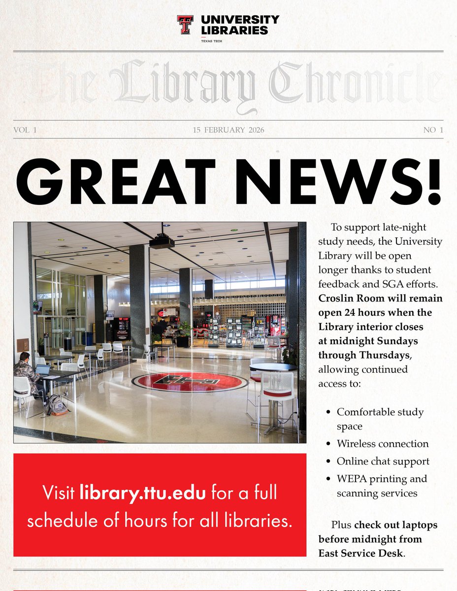 TexasTechLib's tweet photo. As an early Valentines gift to show how much we love our students, the Croslin Room will be open for 24 hours starting on the 15th! Thanks to your feedback, we can ensure late-night study needs are met. 

#WreckEm #GoLibrary #TexasTech #library https://t.co/HH9W7fJah8