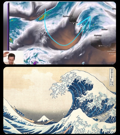 PCKnappenberger's tweet photo. Under the Wave off Kanagawa, by Katsushika Hokusai, 1830-32 (flipped) #ArtButMakeItWeather @ArtButSports @MatthewCappucci @MyRadarWX https://t.co/rykpnLNQpp