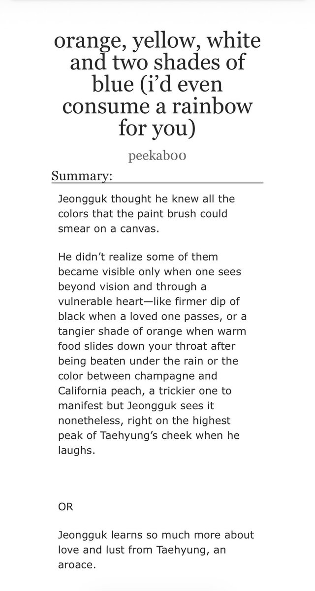 tkookficrecs's tweet image. orange, yellow, white and two shades of blue (i’d even consume a rainbow for you) by @alexanotzombie 

• 15’969 words | explicit 
• aroace Tae, art student JK
• Jungkook is the greenest of flags 
• this is so soft, so poetic 🥺
• intimacy 

archiveofourown.org/works/50324257