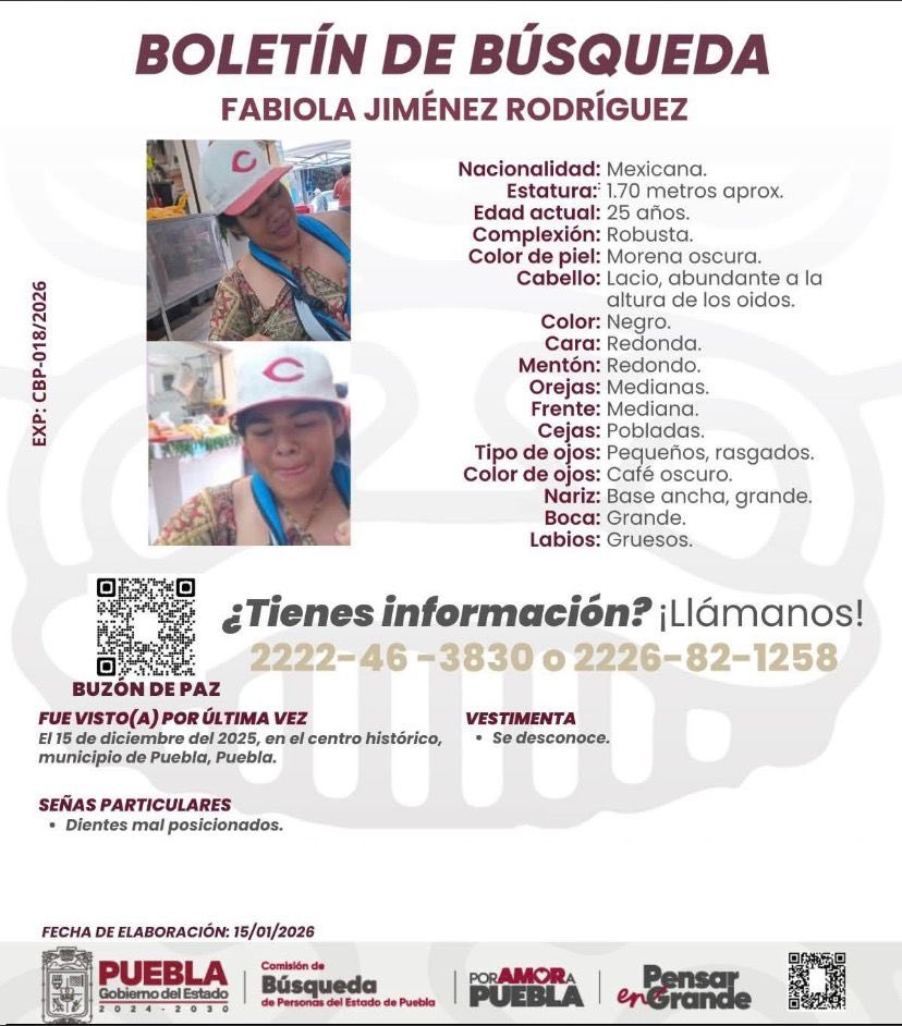 🚨 Urgente
Se solicita apoyo para localizar a Fabiola Jiménez Rodríguez, 25 años, vista por última vez el 15 de diciembre de 2025 en el Centro Histórico de #Puebla.
📣 Cualquier información puede ser vital.
#Desaparecida #Puebla #ServicioSocial #AlertaCiudadana #VerdadEsPuebla