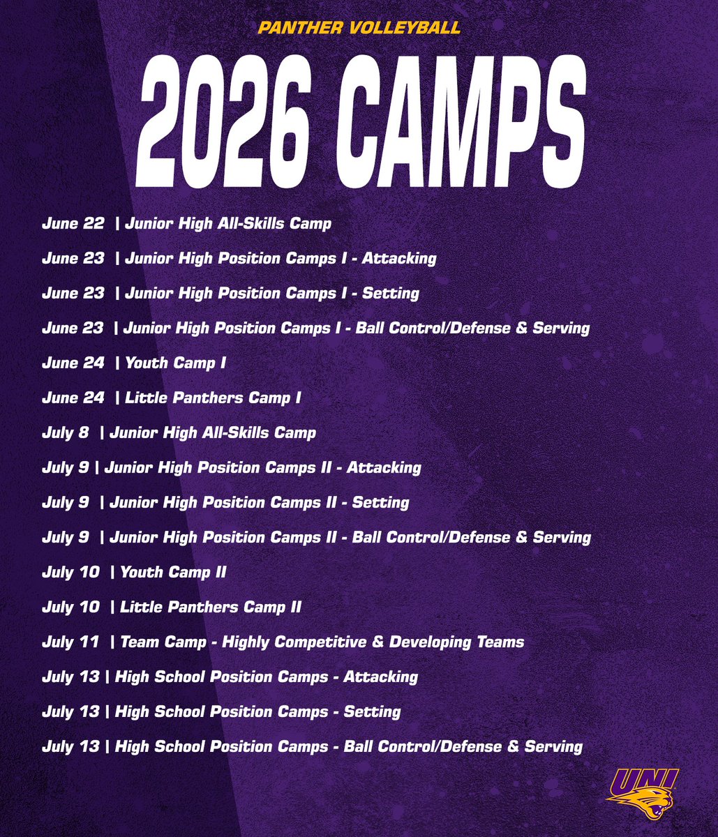 UNIVolleyball's tweet photo. Registration for our 2026 Panther Volleyball Camps are now officially OPEN! 🙌 

Check out our June and July camps and the chance to work with UNI student-athletes and coaches!

🏐 https://t.co/fBqqLfLoIs

#EverLoyal | #1UNI https://t.co/E6OECVnHYO
