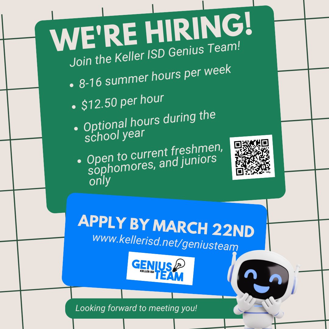 KISDGeniusTeam's tweet photo. WE’RE HIRING! 🤖 Join the KISD Genius Team! 🚀

💰 $12.50/hr 
⏰ 8-16 summer hrs/week 
🎓 Open to 9th-11th graders 
📅 Apply by March 22!
🔗 https://t.co/XWbpISaTVt 🤖

#EdTechKISD #GeniusTeam @TimberCreek_HS @KHSIndianNation @FossilRidgeKISD @KellerCentralHS https://t.co/j1sHvCfwGg
