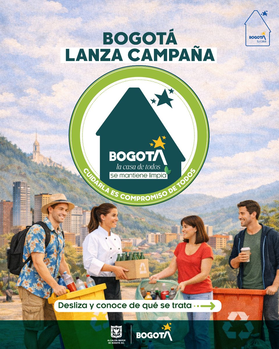 .<a href="/Bogota/">Alcaldía de Bogotá</a> lanza campaña 'la casa de todos se mantiene limpia'

Esta estrategia no es solo un mensaje, es un compromiso desde el sector turismo con el cuidado y limpieza de nuestra ciudad.

Te contamos cómo la estamos cuidando. ♻️✨