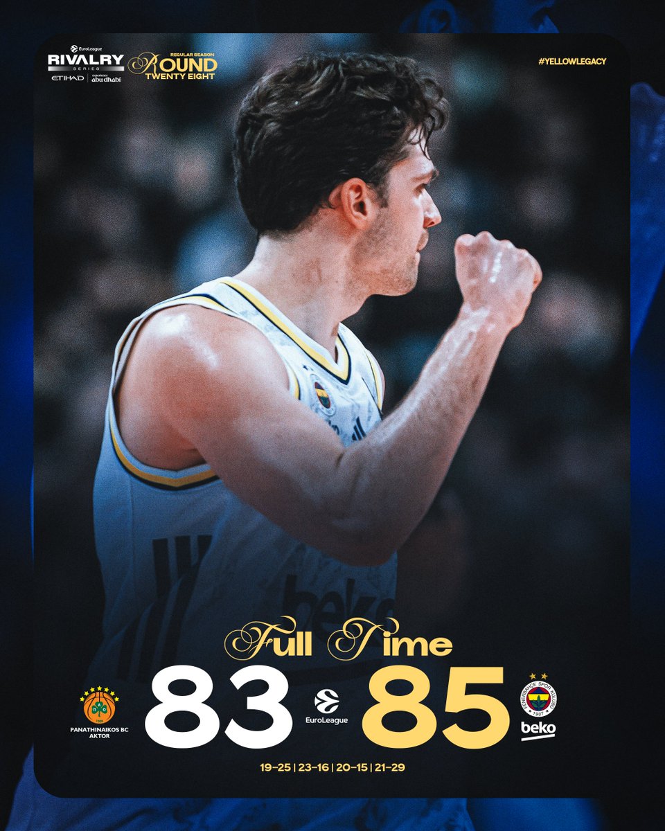 FBBasketbol's tweet image. Atina’da harika galibiyet! 💪

Tebrikler Fenerbahçe Beko! 👏

Maç Sonucu | Panathinaikos Aktor 🆚 Fenerbahçe Beko: 83-85

Skor dağılımımız: Biberovic 26, Baldwin 13, Jantunen 11, De Colo 10, Melli 6, Horton-Tucker 6, Onuralp 5, Colson 3, Birch 3, Boston Jr 2. #YellowLegacy