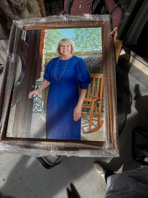 Three more First Lady portraits restored and sealed thanks to our generous donors!
Mrs. Francis (1889-1893 administration)  and Mrs. Caulfield (1929-1933) both had paint and frames issues addressed, while Teresa Parson's (2018-2025 administration) portrait sealed with varnish.