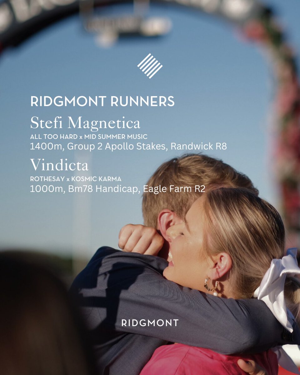 ridgmont_'s tweet photo. Ridgmont Runners | 14.02.26

Stefi Magnetica (All Too Hard x Mid Summer Music) 1400m, Group 2 Apollo Stakes, Randwick R8

Vindicta (Rothesay x Kosmic Karma) 1000m, Bm78 Handicap, Eagle Farm R2

#ridgmont #ridgmontrunners https://t.co/HY09H1tk7r