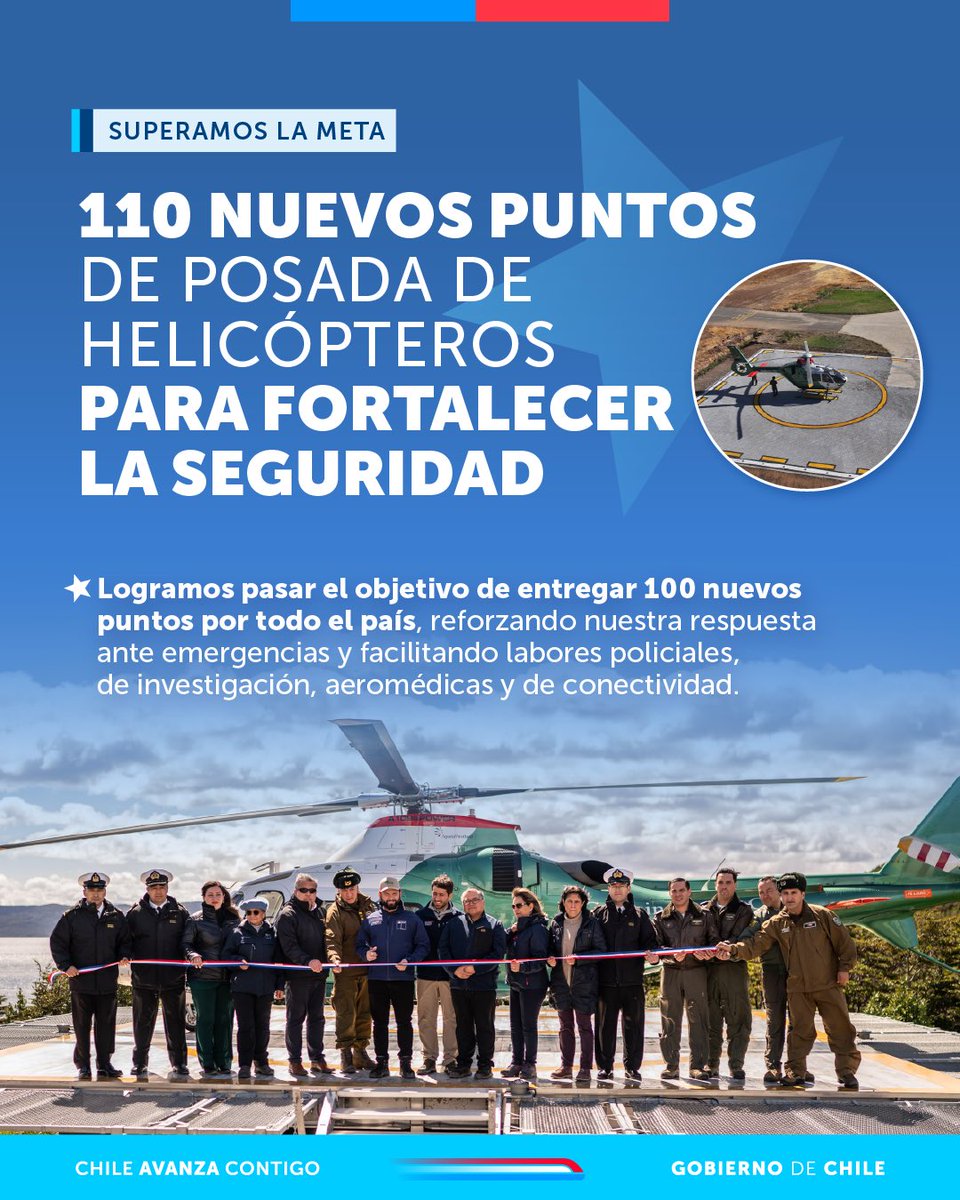 Superamos la meta de 100 nuevos puntos de posada de helicópteros 🇨🇱 

Hoy ya son 110 plataformas habilitadas a lo largo de todo Chile, fortaleciendo la respuesta ante emergencias, mejorando la conectividad y protegiendo vidas en cada rincón del país.

Y vamos por más: la meta es